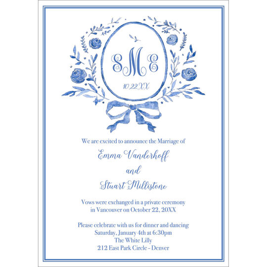 Blue Floral Monogram Wedding Announcements